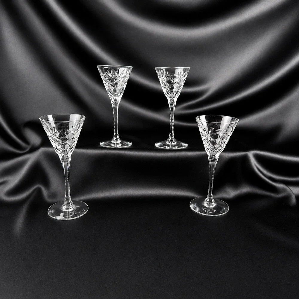 4 Seneca Stratford Crystal Small Sherry Glasses Cut Starburst Stem 476 5.25